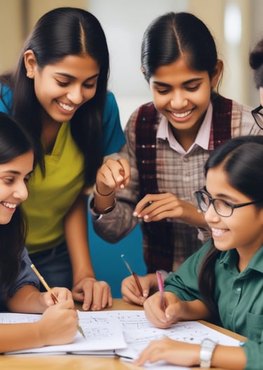 Students happily working together on a math problem with guidance.
