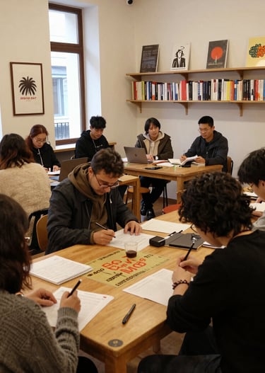 Children animatedly participating in a playful, word-based educational game outdoors.