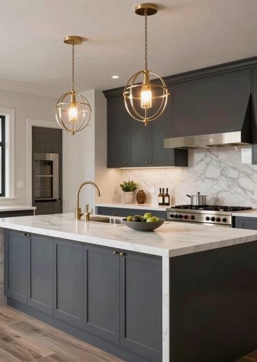 Modern white kitchen with stainless steel range, vent hood, and under-cabinet lighting.