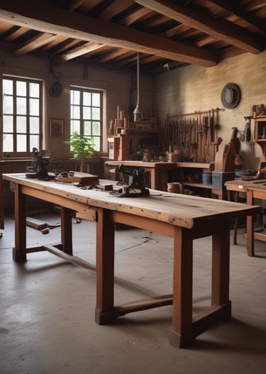A warmly lit workshop filled with wooden sculptures and tools scattered on a workbench.