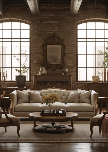 Rustic industrial living room with exposed brick walls, vintage furniture, and a tufted sofa.