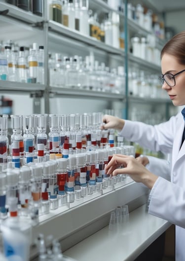 A scientist carefully handling a research peptide vial wearing blue gloves in a clean lab environment.