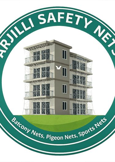 Wide shot of a high-rise balcony in Mumbai fitted with a protective pigeon net.