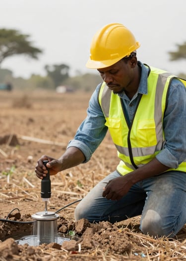 Technicians operating advanced 3D geophysical surveying equipment in a lush field.