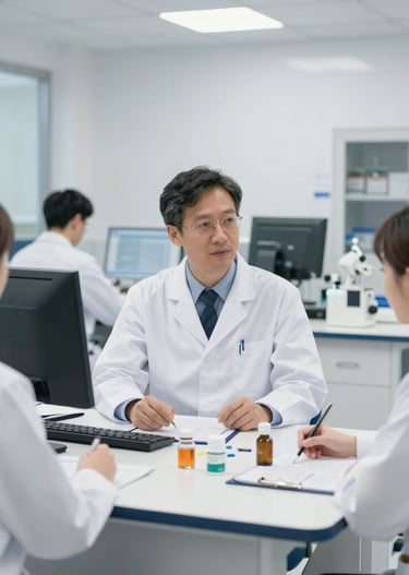 Close-up of a hand presenting a medicine bottle to a smiling doctor.