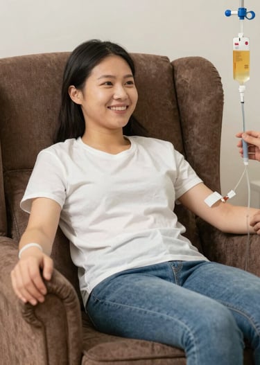 tratamentos injetaveis com vitaminas e minerais em paciente feliz sentada em poltrona confortavel