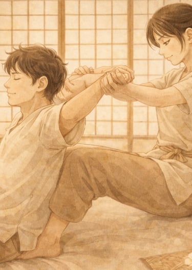 Masaje tradicional tailandés en spa oriental con estiramientos y ambiente de calma.