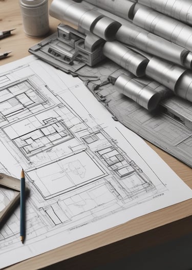 Close-up of construction tools and blueprints on a workbench.
