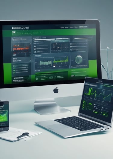 Close-up of hands typing on a keyboard with digital charts on the screen.