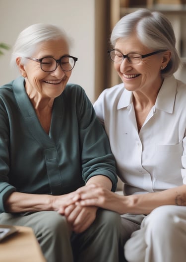 Smiling caregiver helping a client with mobility exercises in a bright living room.