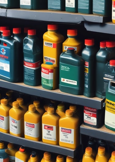 A sleek display of branded lubricants lined up on store shelves under bright lighting.