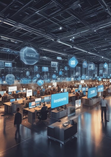 Close-up of hands typing code on a laptop with AI interface graphics overlay.