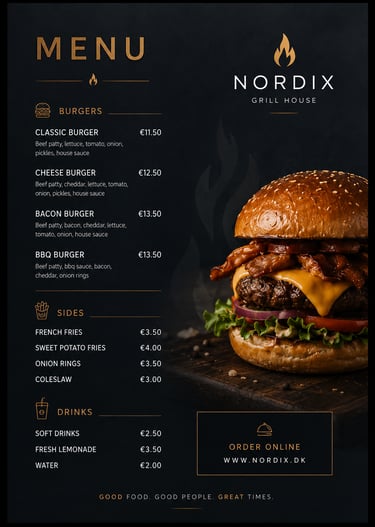 Modern black and gold burger restaurant menu design for Nordix Grill House featuring gourmet burgers, pricing, drinks 