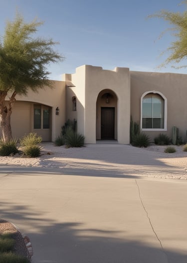 Exterior of a sunny Arizona house freshly painted in warm earth tones with crisp white trim.