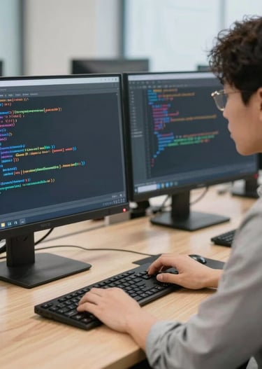 Close-up of a developer coding an AI-driven mobile app on a sleek laptop.