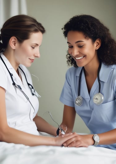 A caring nurse gently assisting an elderly patient in a cozy home environment.
