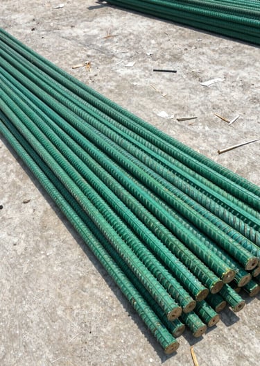 Side-by-side comparison of GFRP rebars and traditional steel rebars highlighting corrosion resistance.