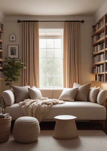A beautifully styled reading nook featuring a comfy chair, layered textiles, and a small side table with a plant.
