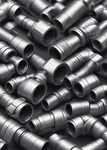 Rows of shiny hydraulic fittings neatly organized on industrial shelves.