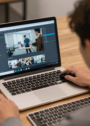Behind-the-scenes shot of a videographer adjusting a camera lens during a lively photoshoot.