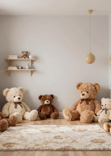 Close-up of pastel-colored wooden toys arranged neatly on a light wooden surface.