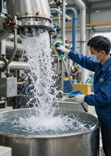 Technician carefully inspecting a hydraulic filter with cleaning tools on a bright workshop bench