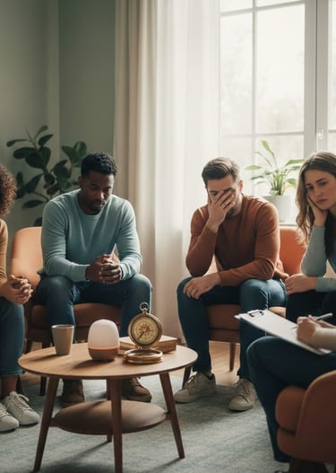 A group therapy session for adults struggling with mental health, featuring a compass with guidance.
