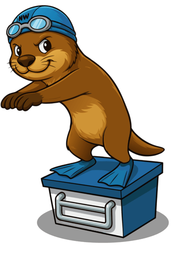 De vrolijke otter mascotte van NextWave zwemschool in Liedekerke op een startblok.