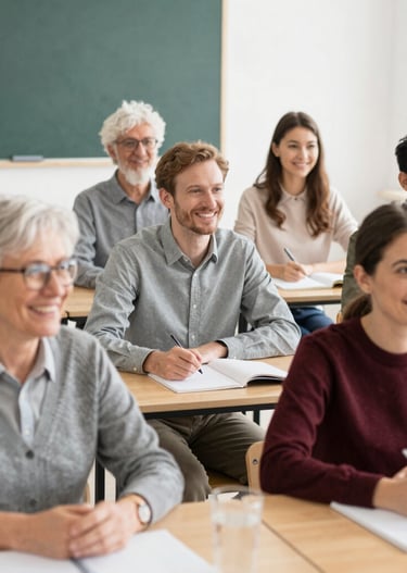 Classroom scene with diverse students engaged in a language lesson.