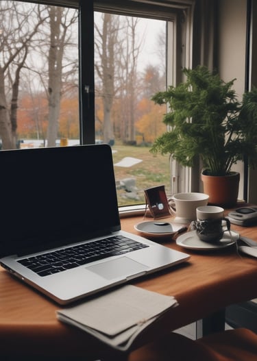 A cozy workspace with headphones, a laptop, and audio editing software open.