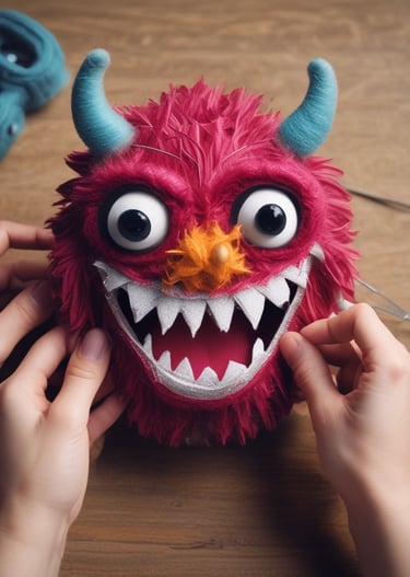 An artist’s workspace filled with needle craft tools, yarn, and a puppet in progress under warm lighting.