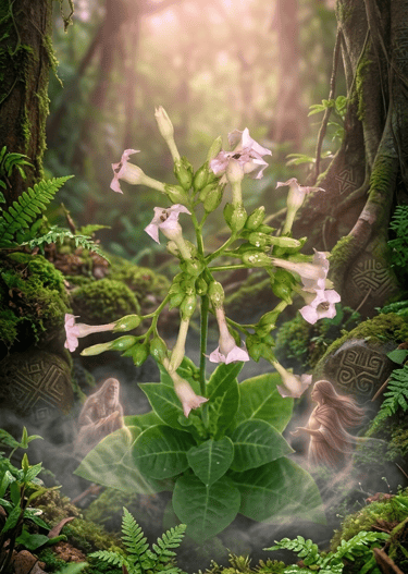Tobacco plant blooms in a mystical forest with jungle.