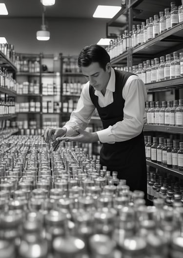 Close-up of hands blending fragrant oils in a traditional German perfume lab.