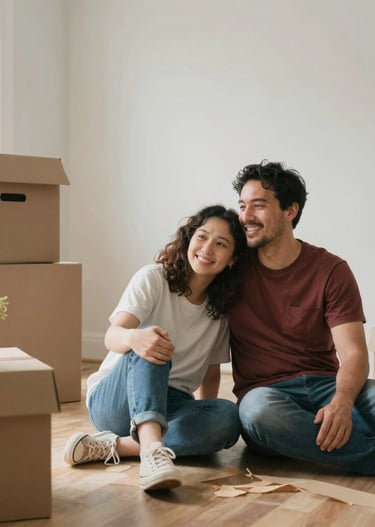 A smiling family unpacking in their new home after a long-distance move.