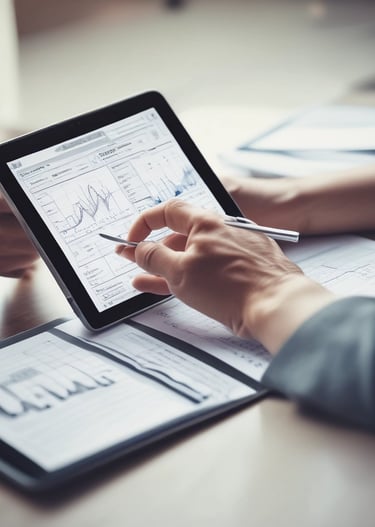 Close-up of hands analyzing business data charts on a tablet.