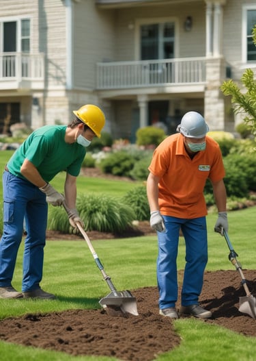 A skilled landscaper planting native desert plants beside a modern home.