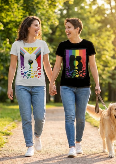 a lesbian couple of people walking down a path