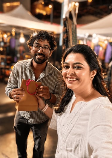 Two smiling women displaying artisanal perfumes and essential oils at an outdoor night market stall.