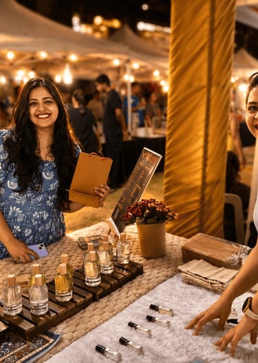 Two women smiling at a perfume stall during an outdoor night market festival with warm lighting.