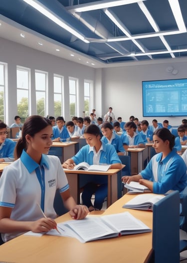 Faculty members interacting warmly with students in a modern classroom at Shivaay Gurukul.