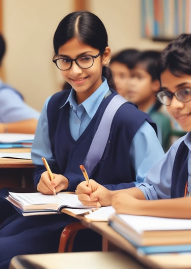 Faculty members interacting warmly with students in a modern classroom at Shivaay Gurukul.