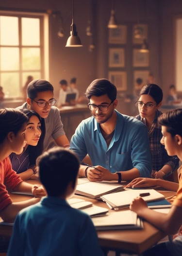 Faculty members interacting warmly with students in a modern classroom at Shivaay Gurukul.