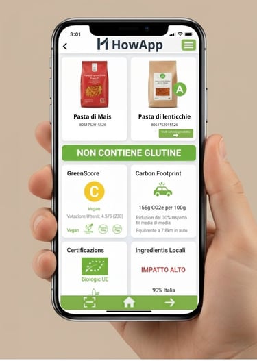 La schermata di un'app che mostra la presenza di glutine e le informazioni sulla sostenibilità.