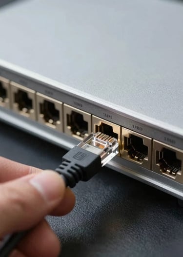 Close-up of hands connecting cables to a home networking router.