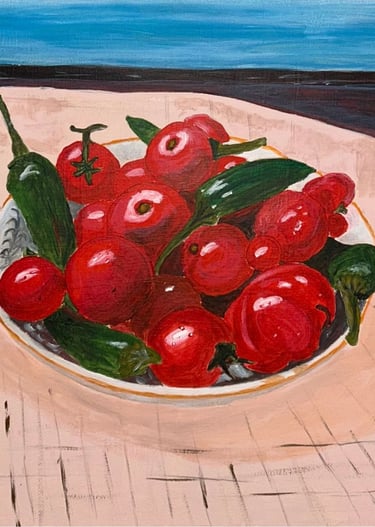 Original painting depicting an arrangement of tomatoes and peppers in a still life composition.