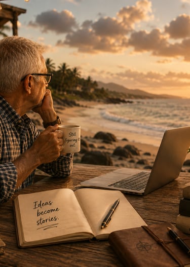 A senior man working remotely on a laptop and writing in a journal during a tropical beach sunset.