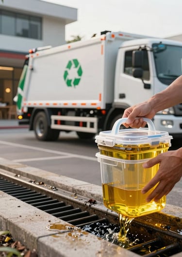 Close-up of a professional collecting used cooking oil from a restaurant kitchen.