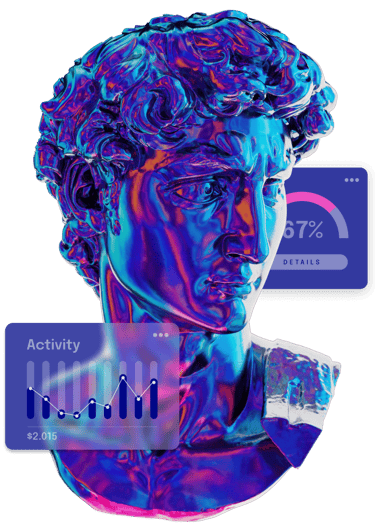 Surreal digital art of a neon holographic Roman bust with data analytics charts and activity graphs.