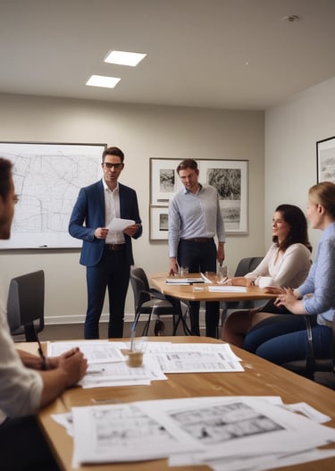 A team meeting in a bright office discussing data charts and property plans.