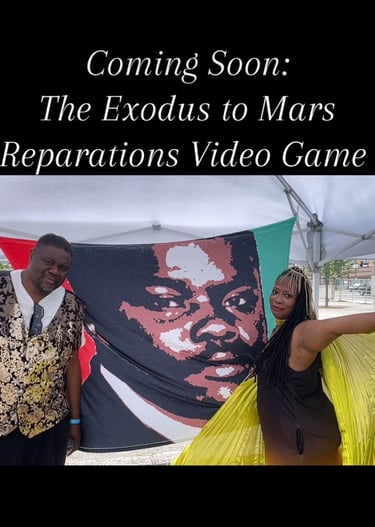 Braxton Vanzant stands beside an artist rendering of Marcus Garvey as Anita Belle spreads gold wings